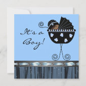 Black Blue Carriage Black Blue Baby Boy Dusche Einladung (Vorderseite)