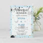 Black & Blue Celestial Hochzeit Probe Dinner Einladung (Stehend Vorderseite)