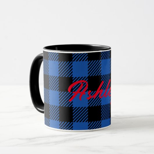 Black Blue Checkered Buffalo Muster | Personalisie Tasse (Vorderseite Links)