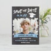 Black Blue Cool Chalk Foto Abschluss Save The Date (Stehend Vorderseite)