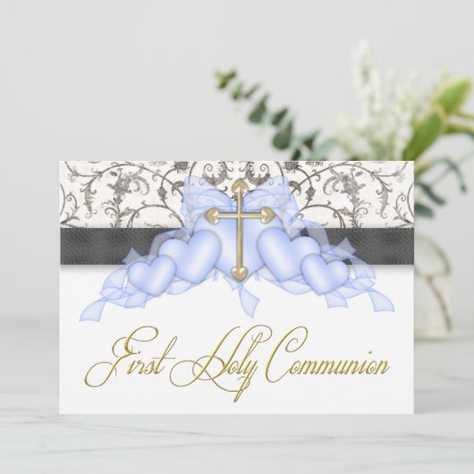 Black Blue Cross Boys Blue First Communation Einladung (Stehend Vorderseite)