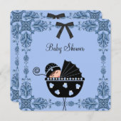 Black Blue Damask Baby Boy Dusche Einladung (Vorne/Hinten)