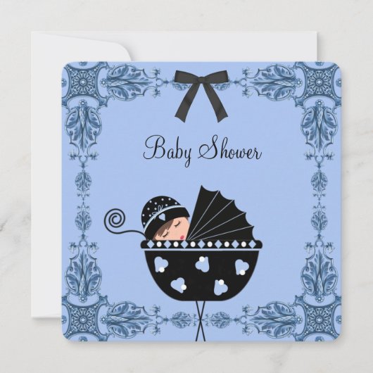 Black Blue Damask Baby Boy Dusche Einladung (Vorderseite)