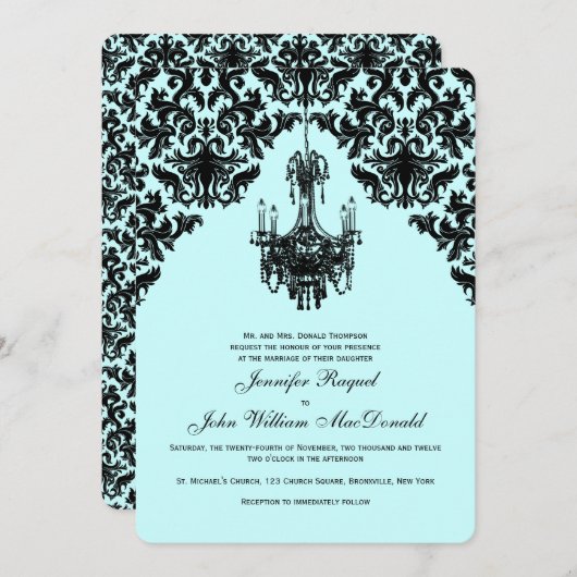Black Blue Damask Candelier Weditation Einladung (Vorne/Hinten)