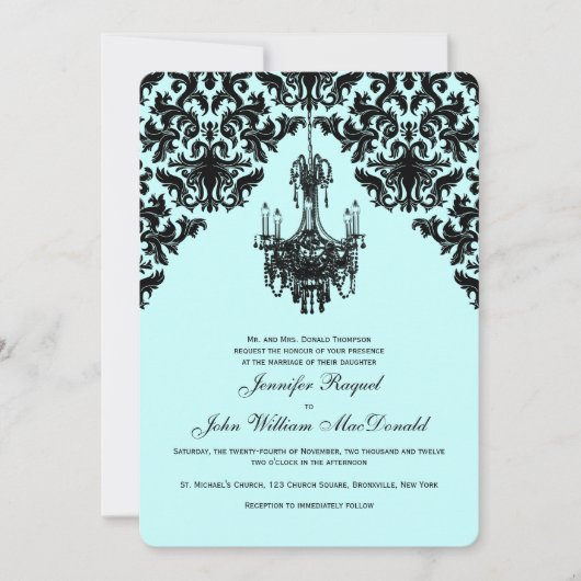 Black Blue Damask Candelier Weditation Einladung (Vorderseite)