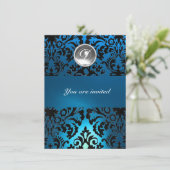 BLACK & BLUE DAMASK GEM STONE MONOGRAMM weiß Einladung (Stehend Vorderseite)