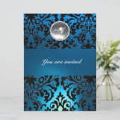 BLACK & BLUE DAMASK GEM STONE MONOGRAMM weiß Einladung (Stehend Vorderseite)