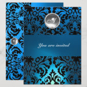 BLACK & BLUE DAMASK GEM STONE MONOGRAMM weiß Einladung (Vorne/Hinten)