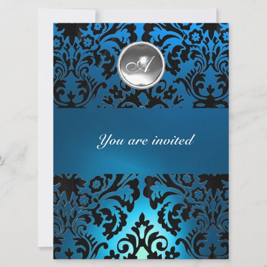 BLACK & BLUE DAMASK GEM STONE MONOGRAMM weiß Einladung (Vorderseite)