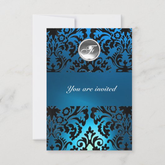 BLACK & BLUE DAMASK GEM STONE MONOGRAMM weiß Einladung (Vorderseite)