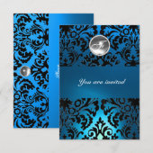 BLACK & BLUE DAMASK GEM STONE MONOGRAMM weiß Einladung (Vorne/Hinten)