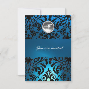 BLACK & BLUE DAMASK GEM STONE MONOGRAMM weiß Einladung