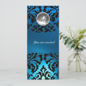 BLACK & BLUE DAMASK GEM STONE MONOGRAMM weiß Einladung (Stehend Vorderseite)