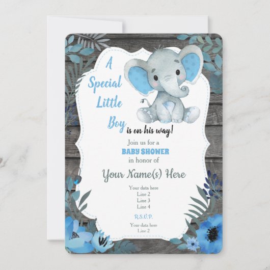 Black Blue Elephant Baby Shower Einladung (Vorderseite)