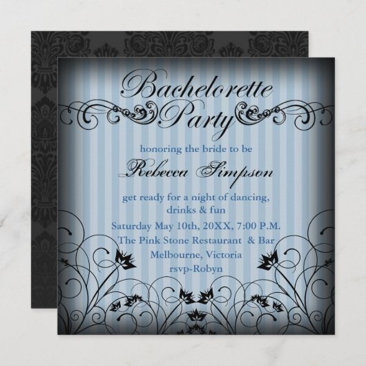 Black & Blue Floral Chic Bachelorette Einladung (Vorne/Hinten)