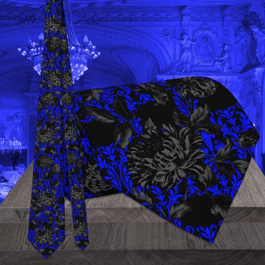 Black & Blue Floral Damask Gotische Hochzeit Krawatte