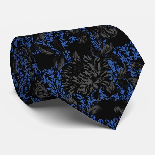 Black & Blue Floral Damask Gotische Hochzeit Krawatte (Gerollt)