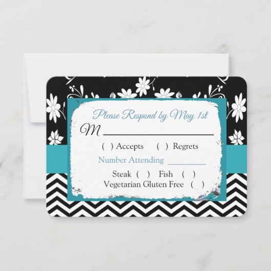Black & Blue Floral Hearts Wedding RSVP Karte (Vorderseite)