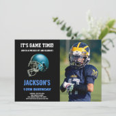 Black Blue Foto Football Geburtstagseinladungen Einladung (Stehend Vorderseite)
