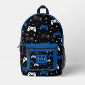 Black Blue Gaming Controller Pattern Monogram Name Bedruckter Rucksack (Vorderseite)