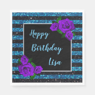 Black Blue Glitzer Streifen Lila Rose Geburtstag Serviette