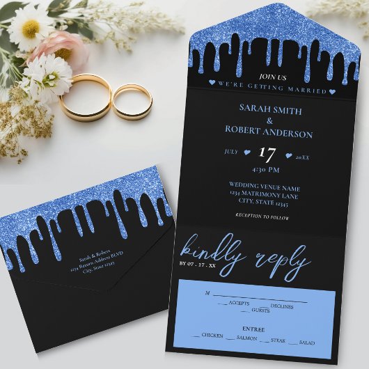 Black & Blue Glitzer Tropfen Wedding All In One Einladung