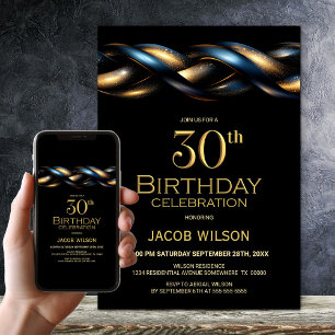 Black Blue Gold 30. Geburtstag Party Einladung