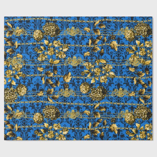 Black Blue Gold Floral Acanthus Leaf Chains Luxus Geschenkpapier (Flach)
