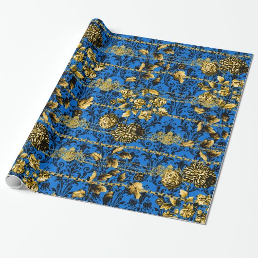 Black Blue Gold Floral Acanthus Leaf Chains Luxus Geschenkpapier (Ungerollt)