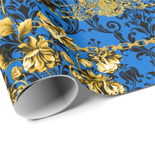Black Blue Gold Floral Acanthus Leaf Chains Luxus Geschenkpapier (Rolleneckpunkt)