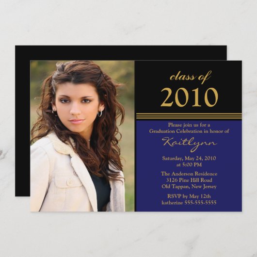 Black, Blue & Gold Foto Abschluss Einladung (Vorne/Hinten)