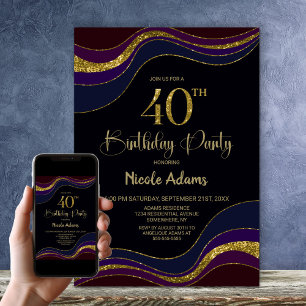 Black Blue Gold Glitzer 40. Geburtstag Party Einladung