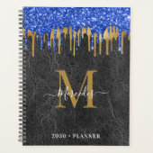 Black Blue Gold Glitzer Tropfen Leather Monogram Planer (Vorderseite)