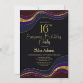 Black Blue Gold Glitzer Überraschung 16. Geburtsta Einladung (Vorderseite)