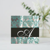 BLACK BLUE GOLD SILK DAMASK CLOTH MONOGRAMM EINLADUNG (Stehend Vorderseite)