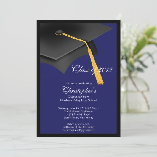 Black Blue Grad Graduation Party Einladung (Stehend Vorderseite)