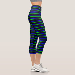 Black Blue Green Stripes Capri Leggings