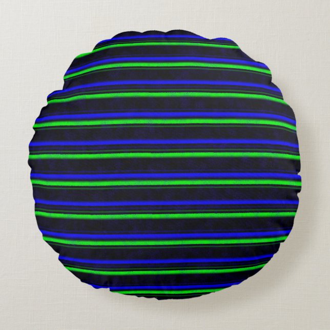 Black Blue Green Stripes Rundes Kissen (Vorderseite)