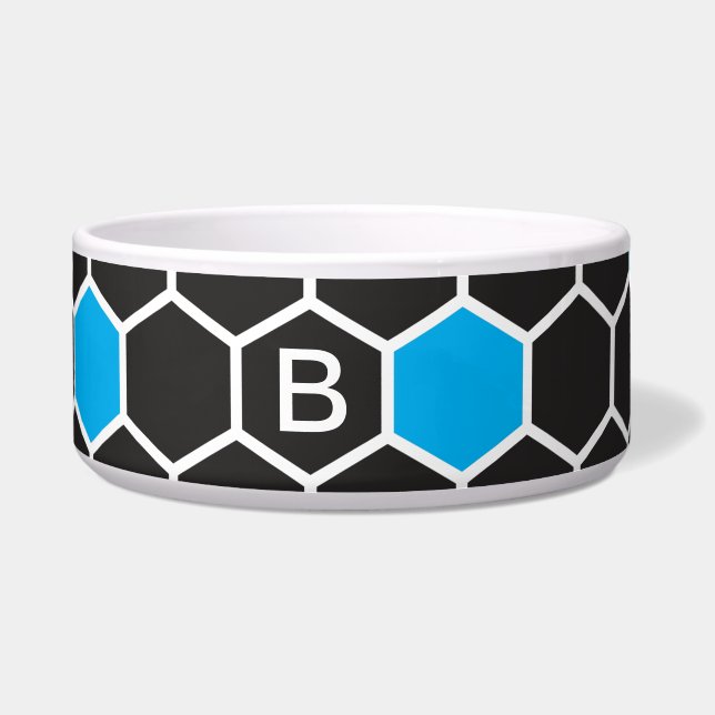 Black Blue Hexagon Monogram Keramik Pet Bowl Napf (Vorderseite)
