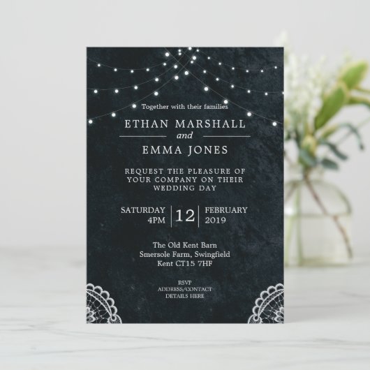 Black Blue Lace Light Wedding Einladung (Stehend Vorderseite)