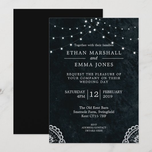 Black Blue Lace Light Wedding Einladung (Vorne/Hinten)