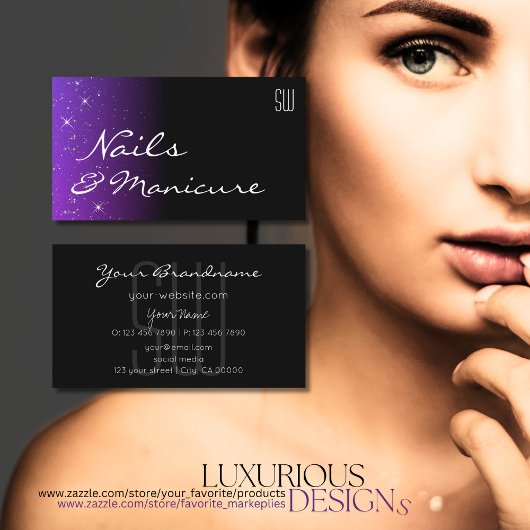 Black Blue Lila Glitzer Stars mit Initials Chic Visitenkarte