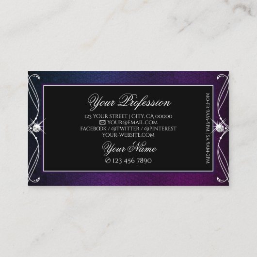 Black Blue Lila Sparkle Diamond Verziertes Ornamen Visitenkarte (Rückseite)