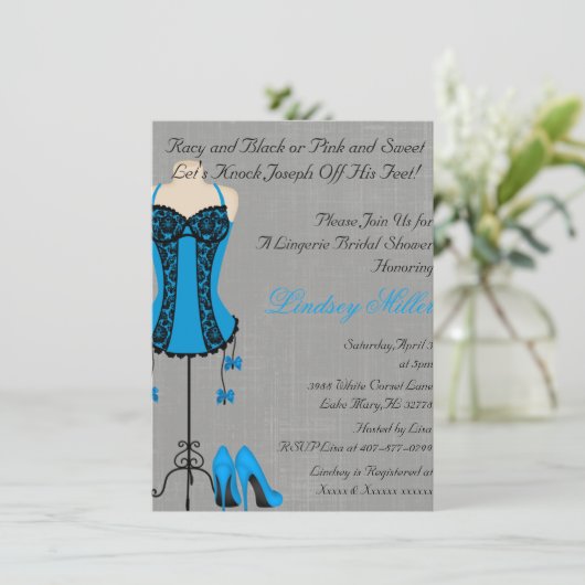 Black & Blue Lingerie Bridal Dusche Einladung (Stehend Vorderseite)