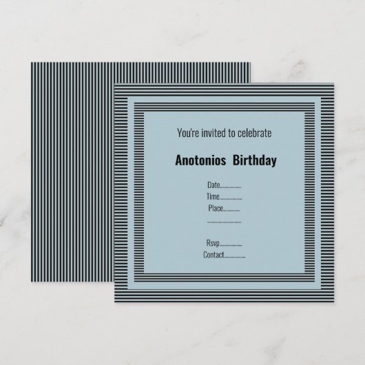 BLACK BLUE MASCULINE BIRTHDAY STRIPE INVITATION EINLADUNG (Vorne/Hinten)