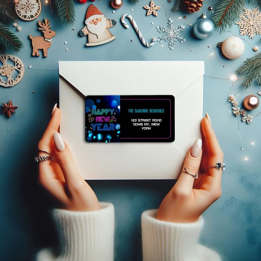Black & Blue Midnight Sparkle Neon Glow New Year Adressaufkleber