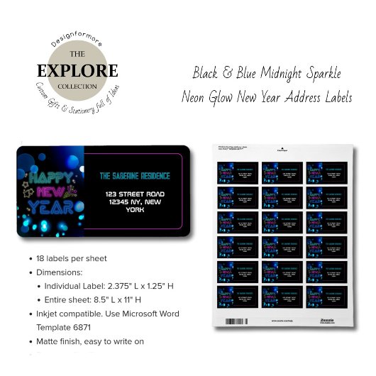Black & Blue Midnight Sparkle Neon Glow New Year Adressaufkleber