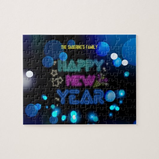 Black & Blue Midnight Sparkle Neon Glow New Year Puzzle (Horizontal)