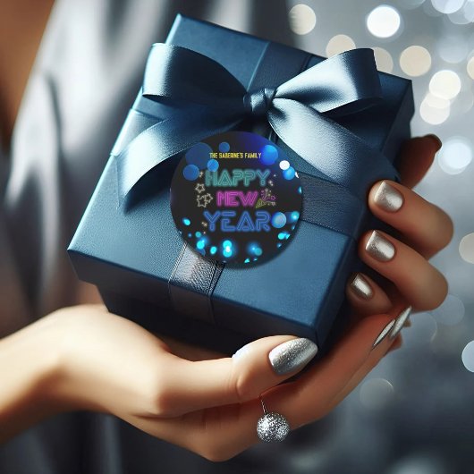 Black & Blue Midnight Sparkle Neon Glow New Year  Runder Aufkleber