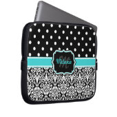 Black Blue Mit Monogramm Damask Polka Dot Laptopschutzhülle (Vorne Rechts)